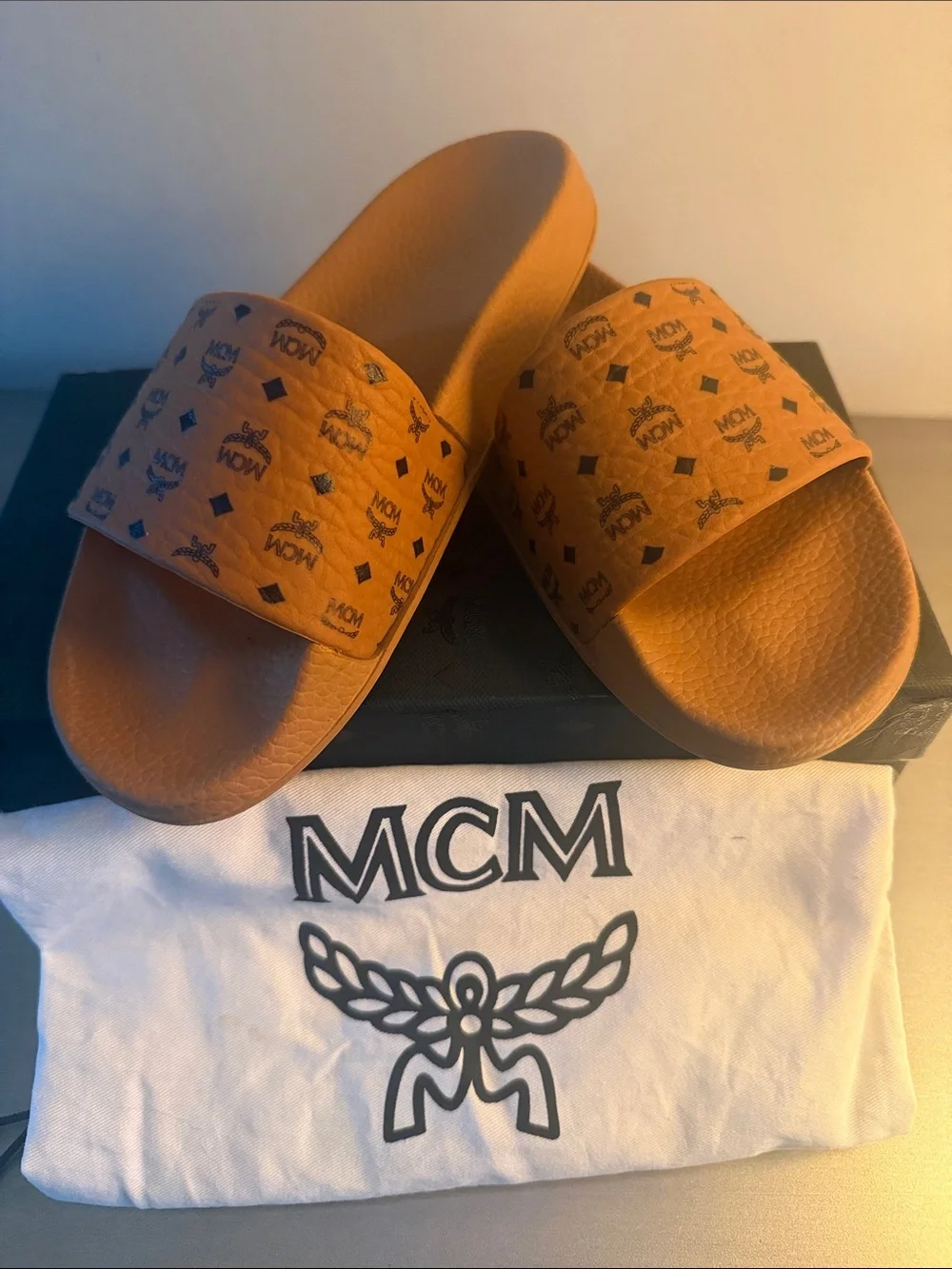 MCM Cognac/Tan Logo Slide Sandals